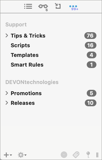 Figure 12: The Extras sidebar gives you another way to access the latest tools and info from DEVONtechnologies.