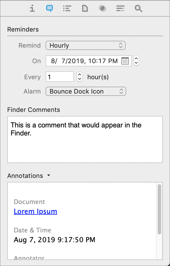 Figure 23: The Annotations & Reminders inspector lets you set reminders and add comments and annotations.