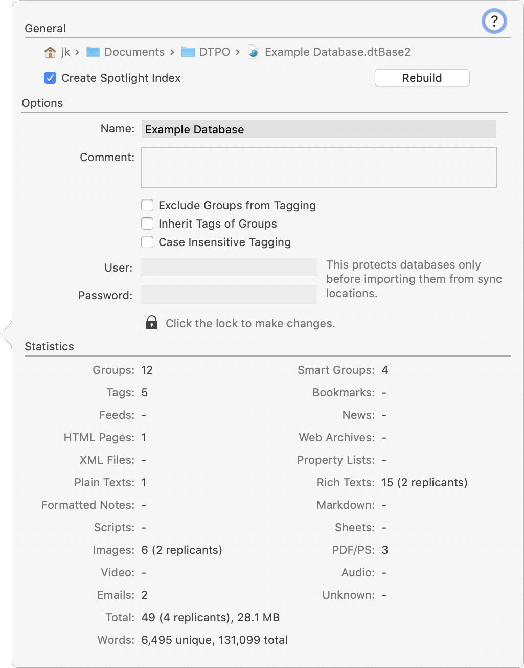 Figure 30: Set database properties, including password protection, in this popover.