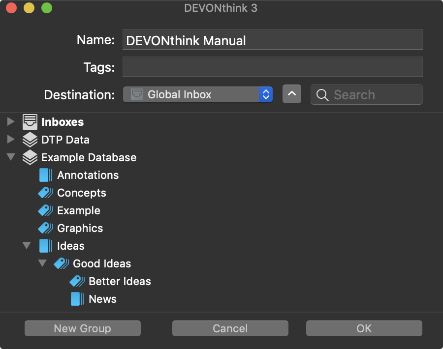 Figure 31: This panel appears when Select Group is your default destination and you add something to DEVONthink from outside the app.