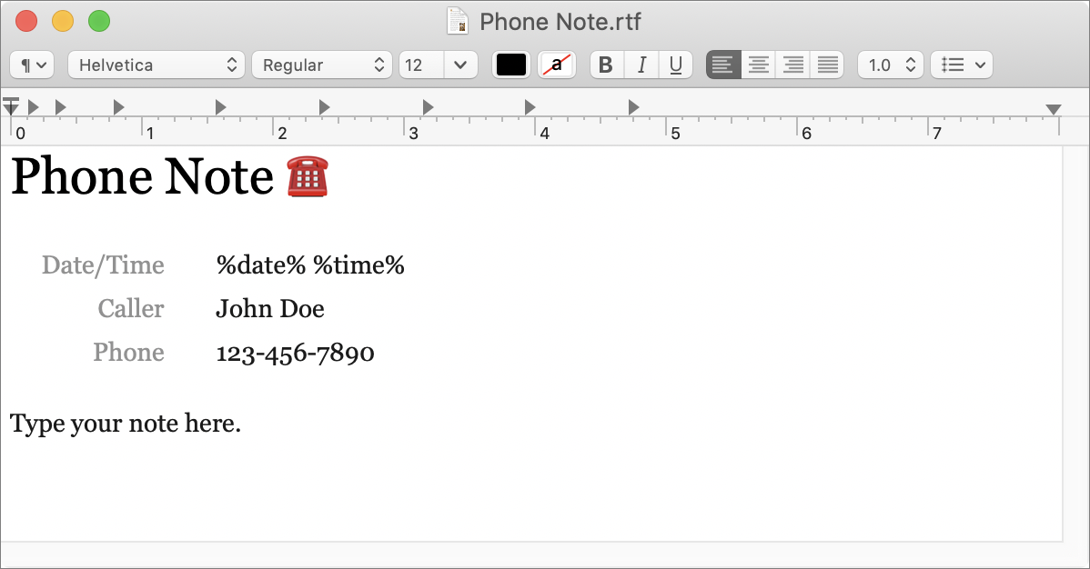 Figure 36: The template from the previous figure, open for editing as an RTF document in TextEdit. Notice the %date% and %time% placeholders.