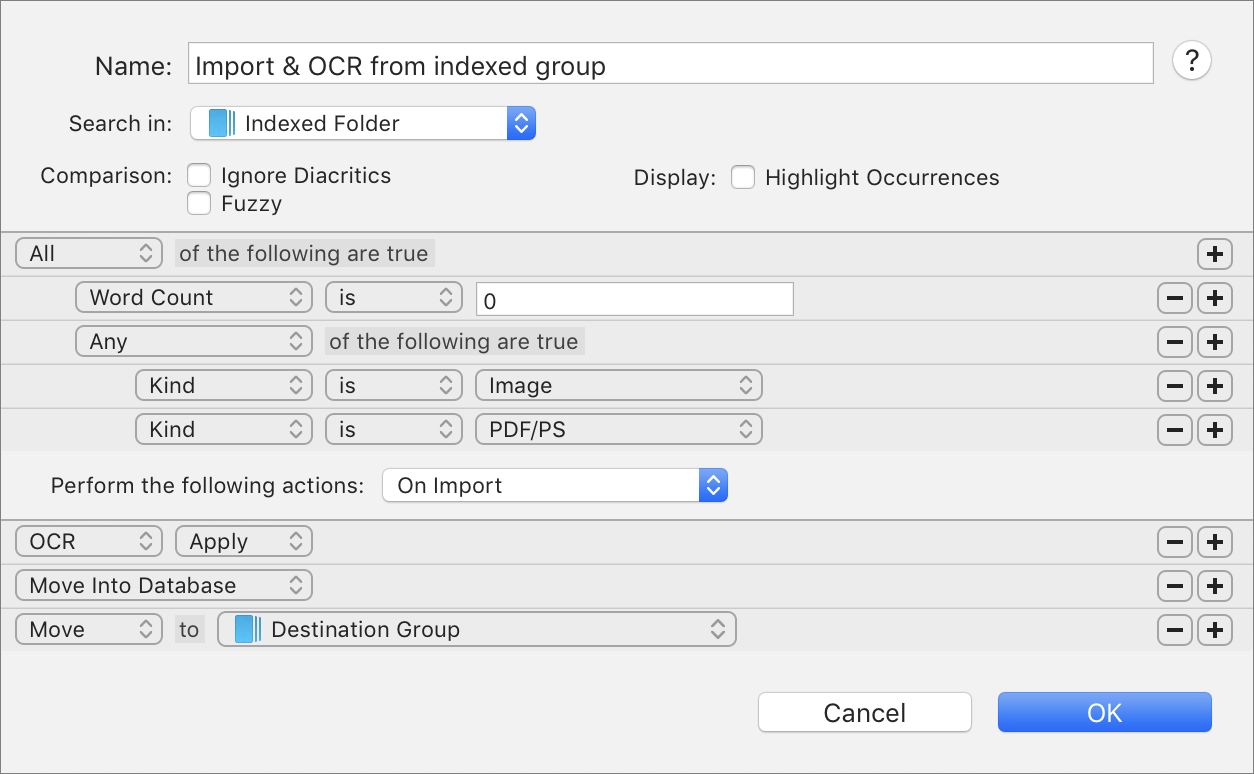 Figure 37: This smart rule runs OCR on anything you drag into the indexed folder, then moves that item into your database.