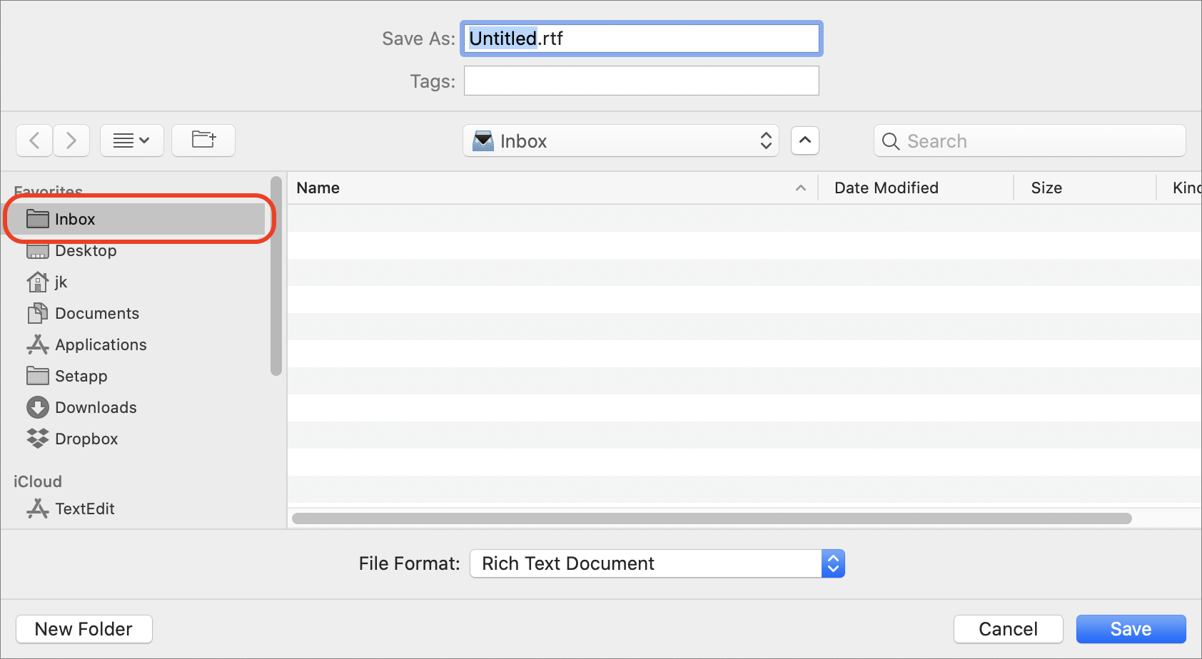 Figure 39: The system-wide global Inbox (shown here circled in red) appears in the sidebar of Save dialogs.