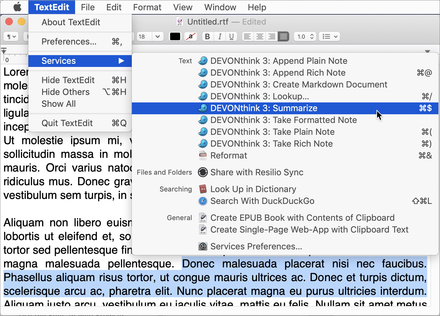 Figure 40: DEVONthink adds a bunch of commands to the system-wide Services menu. Those that apply to selected text appear here.