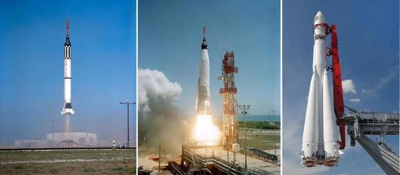 Some rockets don’t have fins. They use active guidance instead. From left to right, the Mercury-Redstone has fins, the Mercury-Atlas does not, and the Vostok (Mikhail Olykainen/Shutterstock) has very small fins.