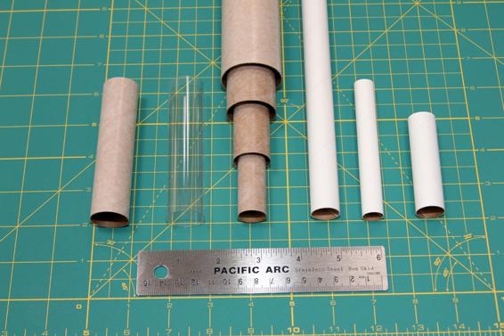 Body tubes are generally made from spiral-wound paper. Seen here are the BT-5, BT-20, BT-50, BT-55, and BT-60. The clear payload tube is the same size as a BT-50.