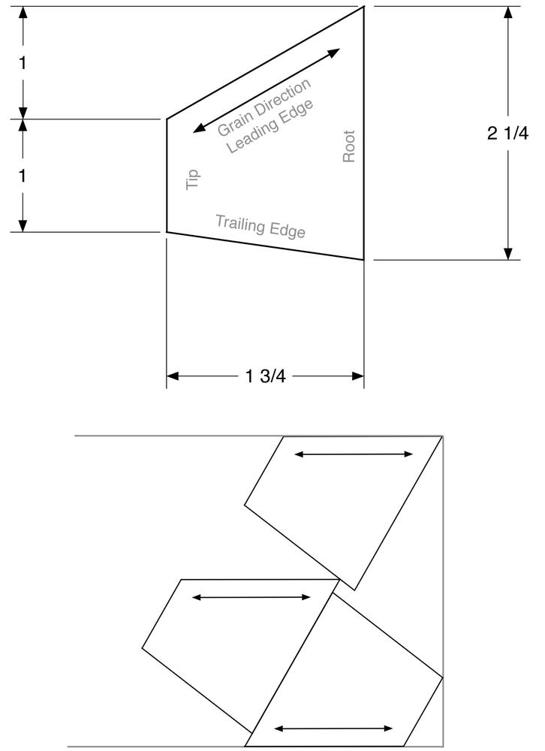 A fin guide and one layout for efficiently cutting the fins from a plank of balsa.