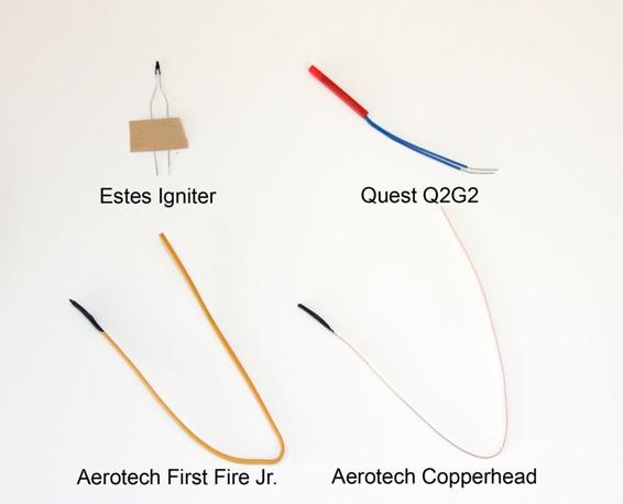 Some common igniters. The Estes and Quest igniters are designed for black powder rockets, while the Aerotech igniters are used with composite motors.