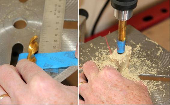 Use a piece of tape to mark 3/4” of drill bit, then drill a 1/2” hole 3/4” deep in the piece.