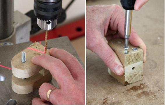 Insert the carriage bolt as a guide, then drill two guide holes, followed by countersunk holes for the screw tops. Insert the screws to bind the three parts together.