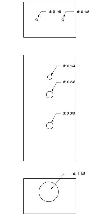 Here are the sizes for each hole. The sizes may change if you substituted any parts for the ones shown in the parts list.