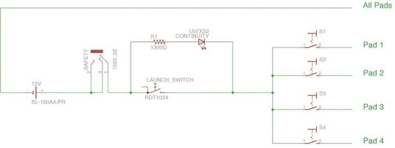 Wiring diagram for the quad launch controller. The connections on the right continue to the launch pad, where they connect to the igniters.