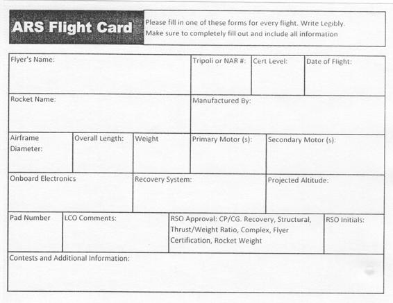 This is the flight card used at Albuquerque Rocket Society launches.