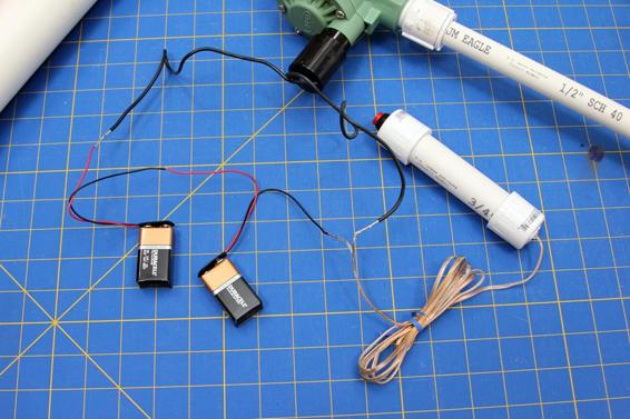 Solder the wires for the valve, batteries, and launch wire as shown.