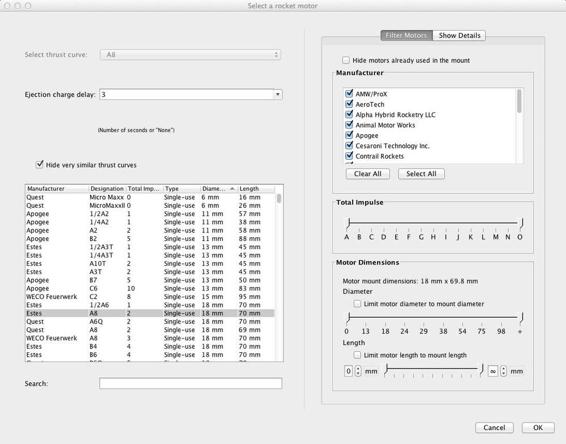 Select a motor from the motor selection dialog. Don’t forget to select the proper ejection charge delay.