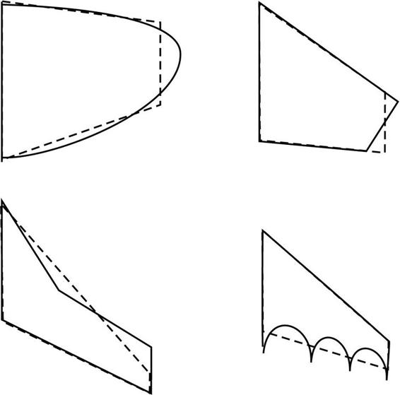 Fins that don’t fit the ideal pattern can be changed so they do. Keep the overall area the same, but match the original shape as well as you can with the idealized pattern. Here are a few fins with the idealized equivalents shown with dashed lines.