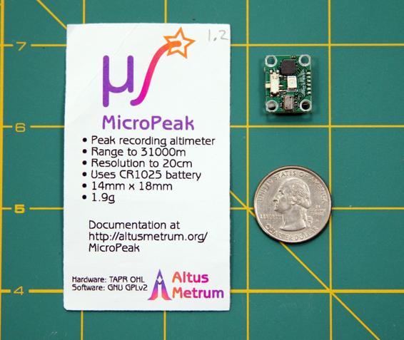 The tiny MicroPeak altimeter weights just 1.9 grams and fits into nose cones for BT-20 body tubes.