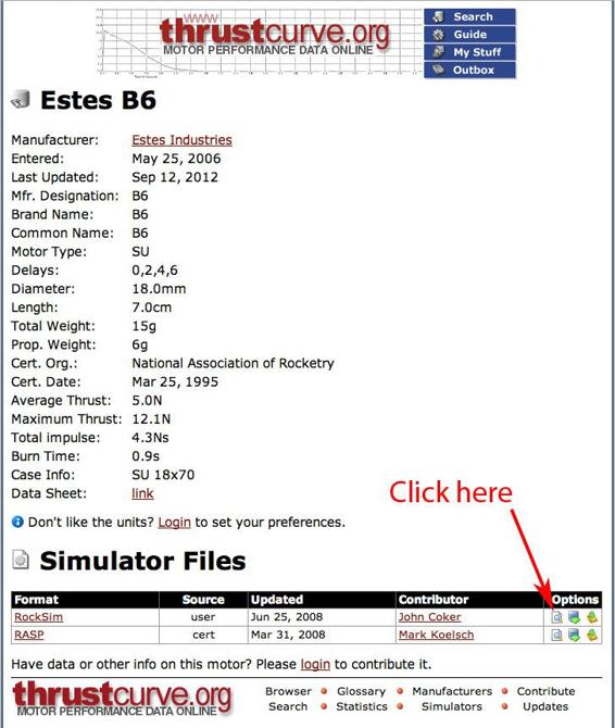 General data for a motor from http://www.thrustcurve.org. Click the View Data button to see a plot of the thrust curve, or examine this page to find the maximum thrust.