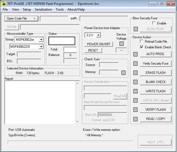 The initial screen on the FET-Pro430 software. Load the ServoChron software using the Open Project command, found in the File menu.