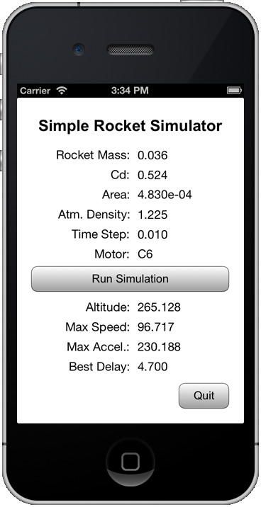 This iPhone program simulates a one-dimensional rocket flight. The source code for this program and a more portable text-based program can be found in .