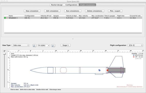 OpenRocket after running the Juno simulation using the default configurations.