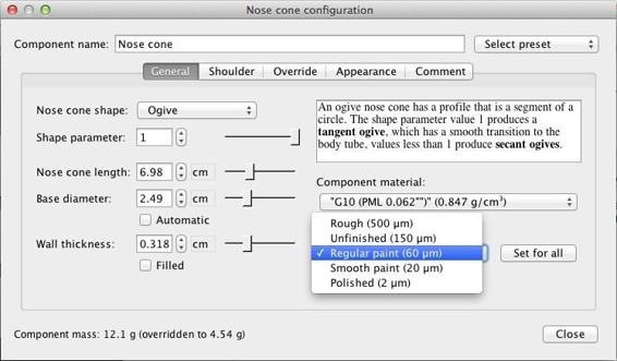 All components have a pop up that shows the selected finish. Make sure your finish matches what is on the rocket as closely as possible to get the most accurate values for friction drag.