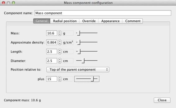 Set the mass and location of the mass using the dialog that appears when you select the “Mass component” button.