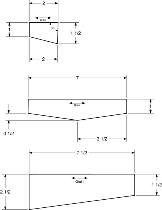 Plans for the glider control surfaces. Cut the rudder and horizontal stabilizer (top pieces) from 1/8” balsa. Cut two wings (bottom piece) from 1/4” balsa.