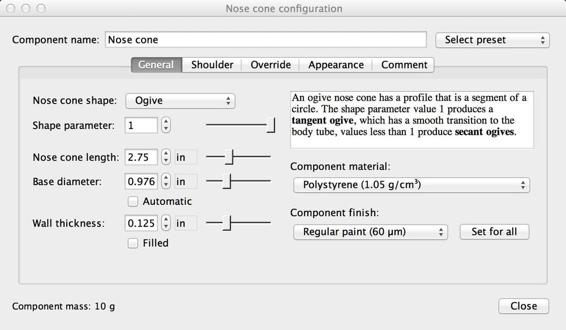 Fill in the values for the nose cone you have selected. The values shown are for Juno.