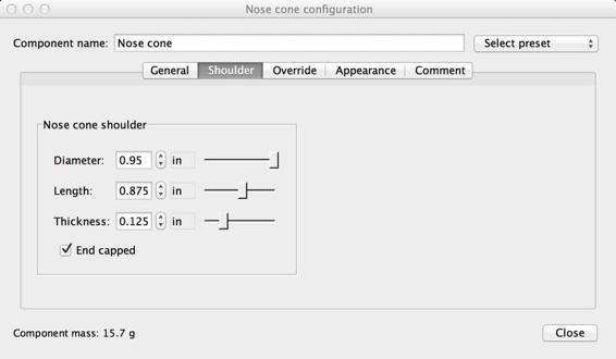 The part of the nose cone that fits inside the rocket’s body tube is the shoulder. Click on the Shoulder tab to fill in the proper values for your nose cone.