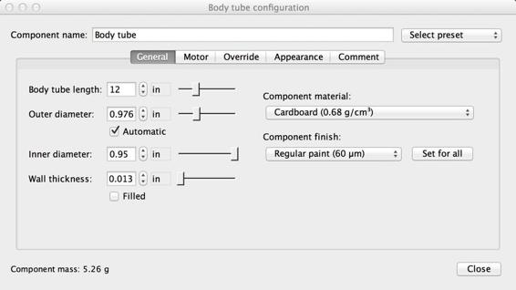 Click on the body tube icon and fill in the appropriate values for your rocket’s body tube.