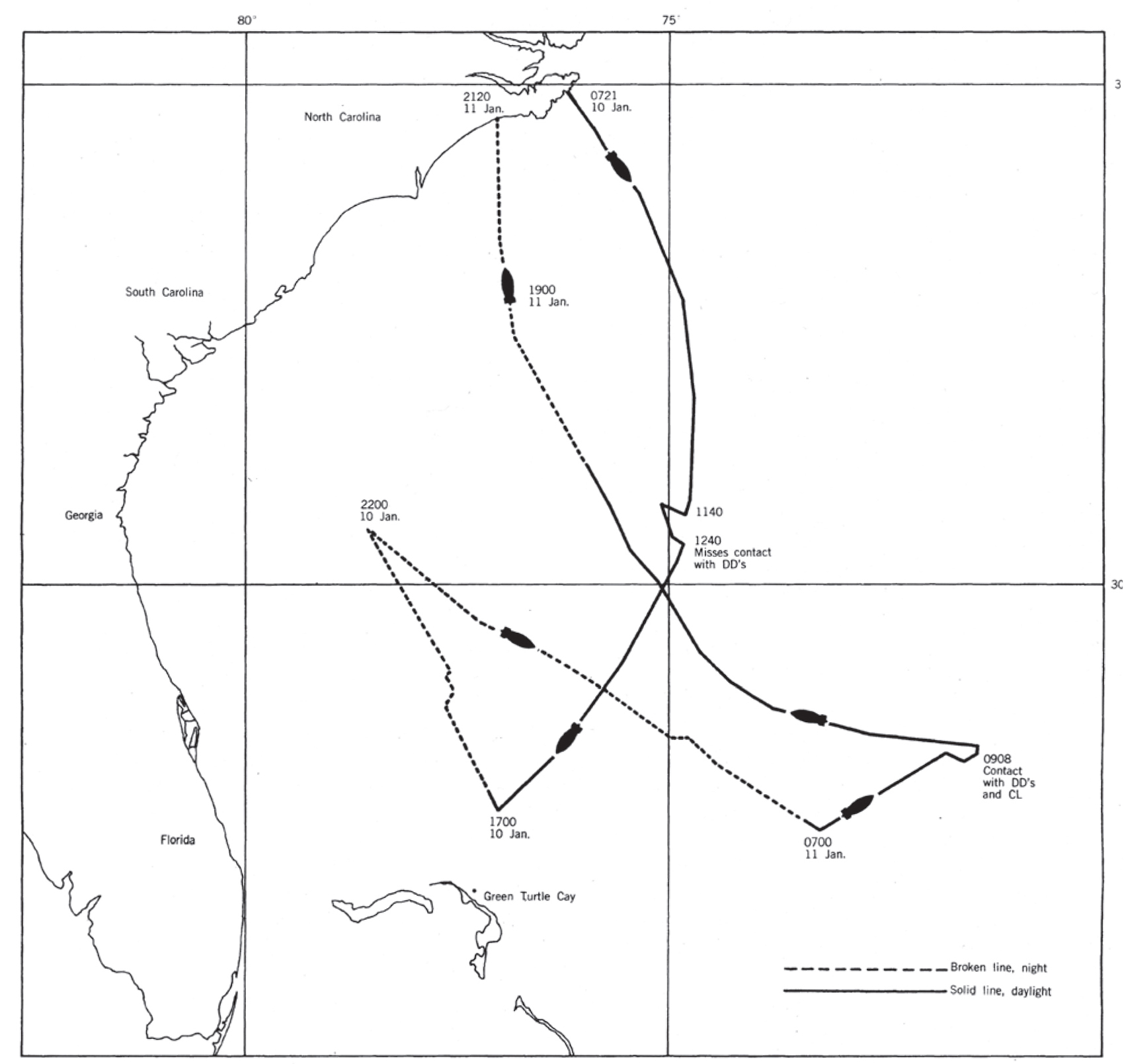 Track of USS Akron operating...