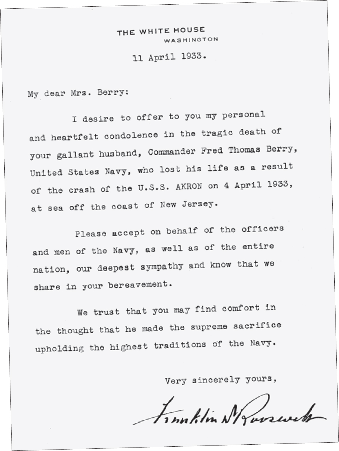 Letter from FDR. Loss of...