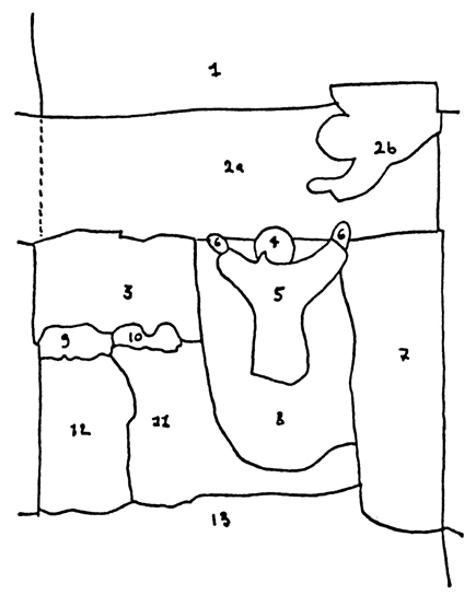 Fig. 3. Giotto, . Analyse de la structure de l’ . Les numéros correspondent à l’aire couverte par le peintre en une même journée.