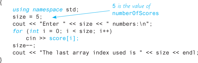 An illustration some lines of code with the line “size = 5;” annotated as “5 is the value of numberOfScores.”