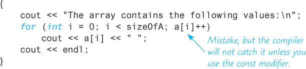 An illustration shows a code, with “for(int i = 0; i < sizeOfA; a[i]++)” annotated as “Mistake, but the compiler will not catch it unless you use the const modifier.”