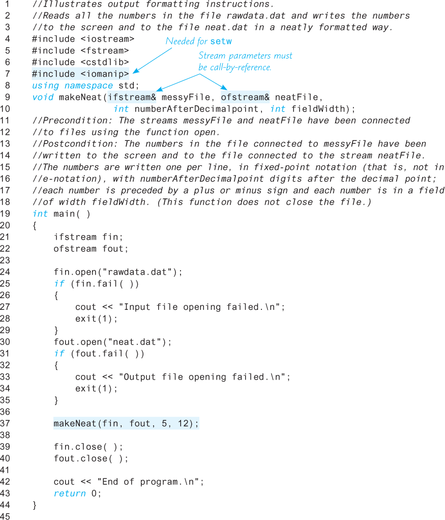 An illustration shows a code segment illustrating output formatting instructions.