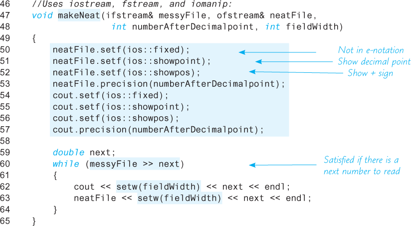 An illustration shows the continuous part of previous code segment illustrating output formatting instructions.