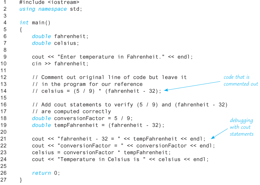 An illustration shows a code segment of “Debugging with cout Statements.”