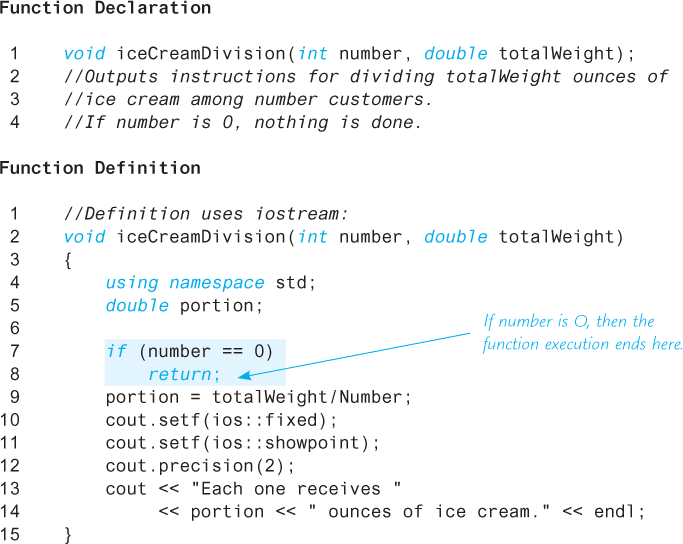 An illustration shows a code segment of “Use of return in a void Function.”