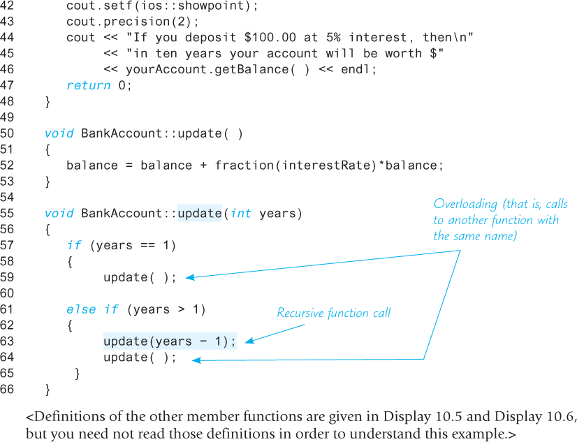 An illustration shows the continued part of the code segment with a “Recursive Member Function.”