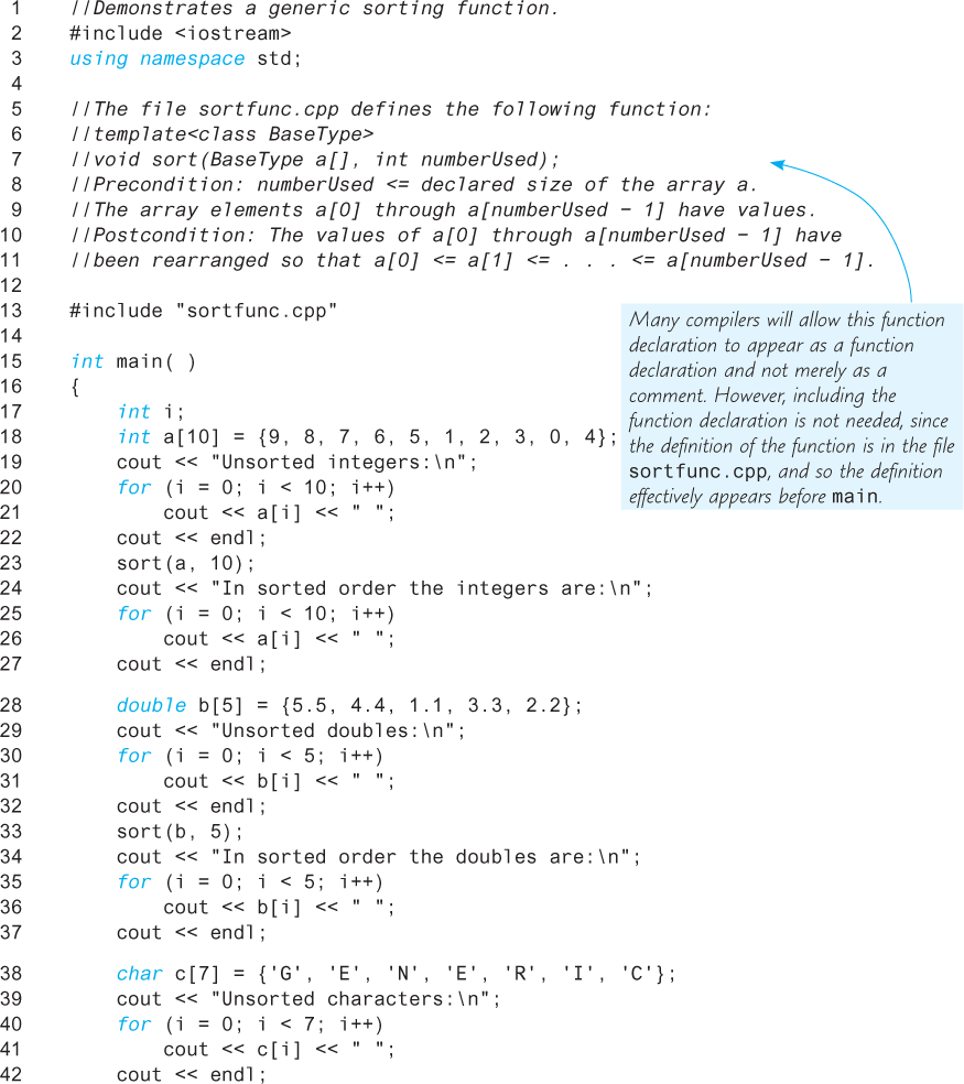 An illustration shows a code segment to illustrate how to use a generic sorting function.