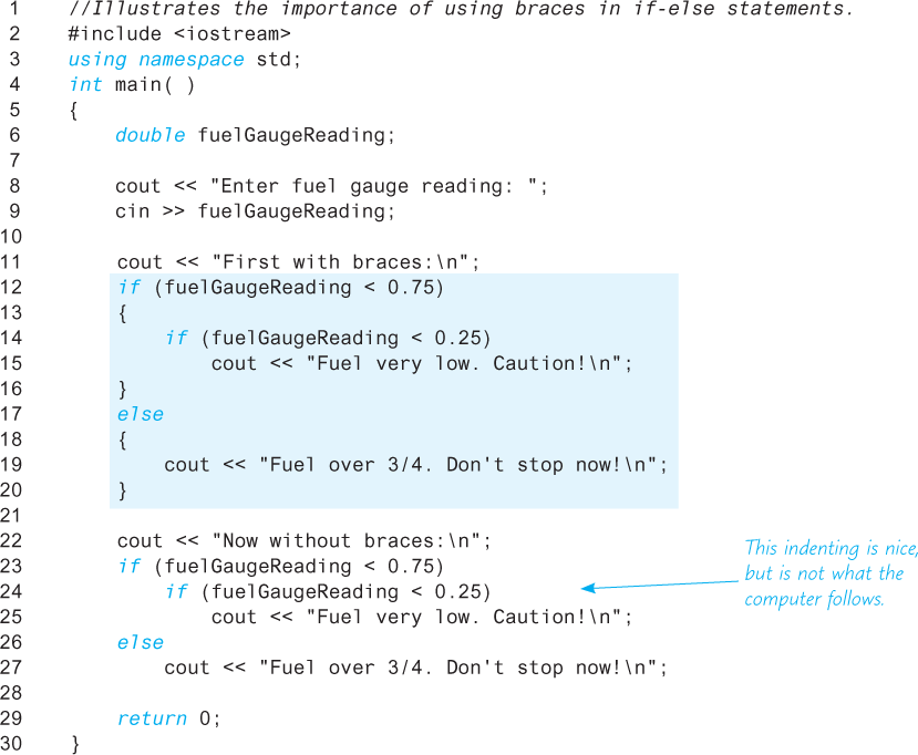 An illustration shows a code segment with a comment “Illustrates the importance of using braces in if-else statements.”