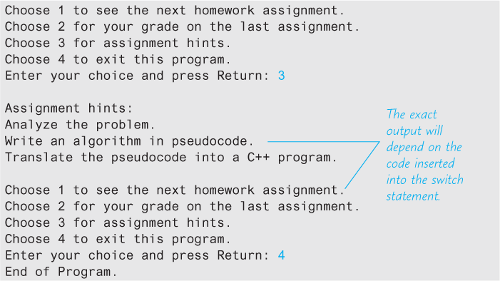 An illustration shows a sample output of a code to give out homework assignment information.