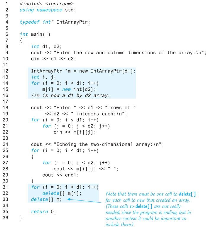 An illustration shows a code segment with a “Two-Dimensional Dynamic Array.”