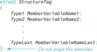 An illustration shows the syntax of a “Structure” with the “semicolon” at the end annotated as “Do not forget this semicolon.”