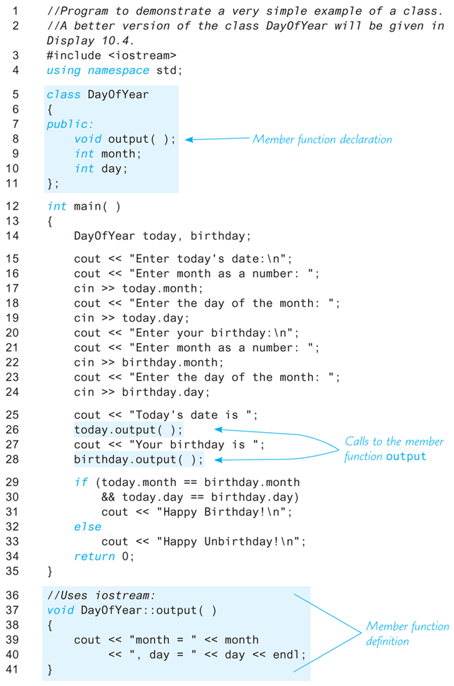 An illustration shows a code segment demonstrating a “Class” with a “Member Function.”