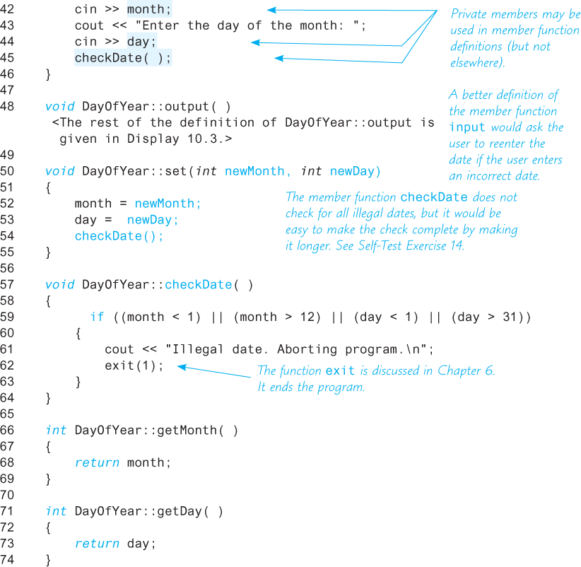 An illustration shows the continuous part of the previous code segment demonstrating a “Class” with “Private Members.”