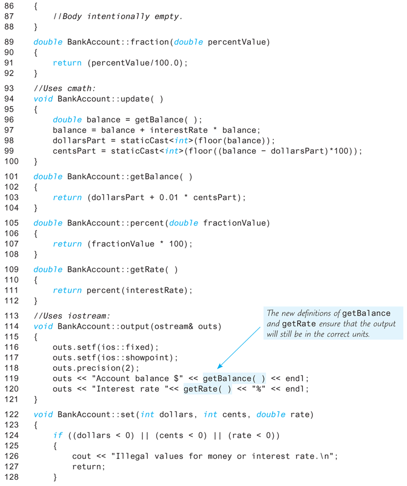 An illustration shows continued part of the code segment demonstrating implementation of alternative “BankAccount Class.”