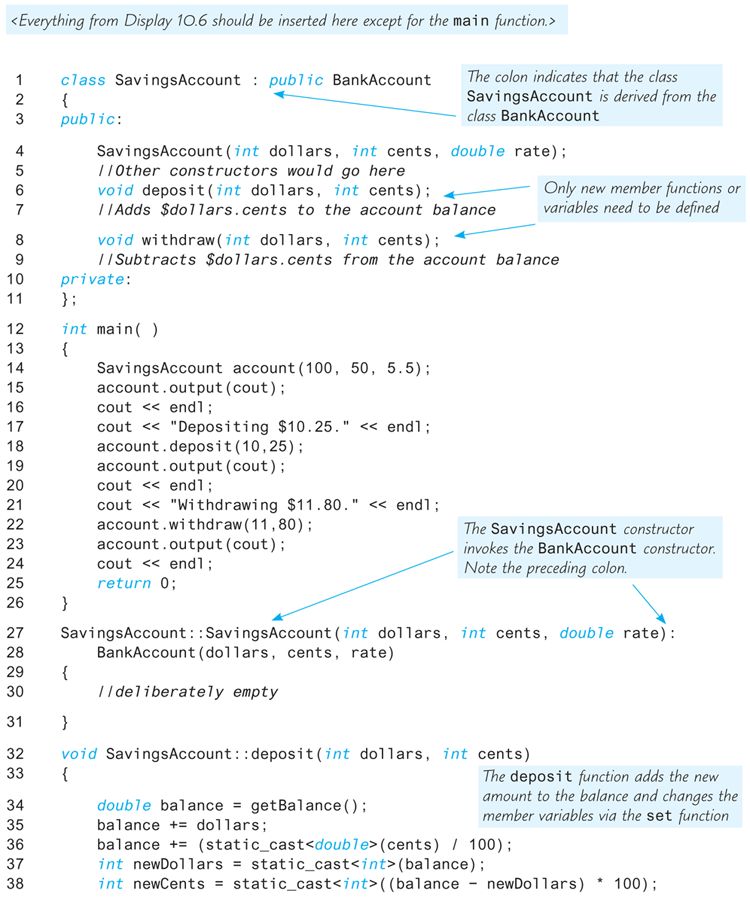 An illustration shows a code segment usin a derived class “SavingsAccount.”